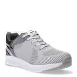 Championes deportivos unisex marca Push, color gris claro con detalles en gris oscuro y negro. Presentan un diseño de tejido transpirable, cordones planos y suela blanca con base gris.