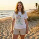 Remera blanca de algodón con estampa frontal ilustrada en tonos celestes y rosados, de corte holgado y mangas cortas.