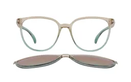 Anteojos de acetato color hueso con clip-on polarizado.