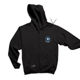 Campera con capucha y cierre frontal de color negro, bolsillos tipo canguro y parche bordado del logo de Capsule Corp en el pecho.