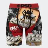 Calzoncillos tipo bóxer de la marca PSD, con estampado de billetes de dólares, diamantes y la frase "Cash Money". Cintura elástica roja con logo de la marca en negro.