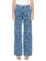 Pantalón jean de tiro bajo con estampado de ranas en azul y blanco, corte recto y bolsillos cargo.