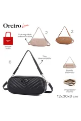 Morral Las Oreiro color marrón, con diseño acolchado en zigzag y un aplique en forma de labios en el frente. Tiene una correa ajustable y herrajes metálicos plateados.