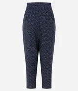 Pantalón femenino de crepé color azul marino con estampado geométrico blanco. Presenta cintura alta elástica con lazo delantero y corte holgado.
