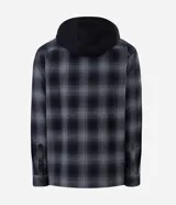 Camisa masculina de franela a cuadros en tonos grises y negros, con capucha con cordón ajustable, cierre frontal abotonado y mangas largas.