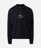 Buzo de algodón negro con felpa interna, corte boxy, cuello redondo y manga larga. Presenta un gran estampado en la espalda con la ilustración de un hotel clásico y texto en color blanco.