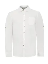 Camisa blanca de manga larga de algodón orgánico, con cuello camisero, botones de madera y un bolsillo en el pecho. Las mangas cuentan con presilla y botón para poder arremangarlas.