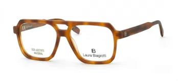 Armazón de anteojos Laura Biagiotti modelo 79, con diseño estilo aviador de puente doble y marco cuadrado. Fabricado en eco-acetato con patrón carey en tonos marrones.