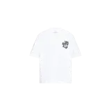 Remera Allsaints de cuello redondo y manga corta, color blanco, con pequeño estampado gráfico de la marca en el pecho.