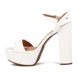 Sandalia de tacón alto Vizzano, color blanco, con plataforma delantera, tira ancha en la parte frontal y tira ajustable con hebilla en el tobillo.