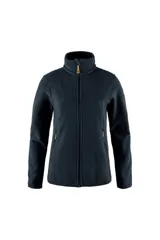 Campera de polar azul marino con cierre frontal, cuello alto y bolsillos laterales con cierre.