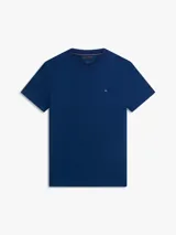 Remera Tommy Hilfiger de corte slim, confeccionada en tejido interlock de algodón elástico de color azul oscuro, con cuello redondo y pequeño logo bordado en el pecho.