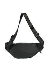 Riñonera negra con cierre frontal y correa ajustable con hebilla.