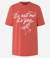 Remera de algodón color ladrillo con cuello redondo y mangas cortas. Estampado frontal con la frase "It's Not Me It's You" en letras cursivas blancas.