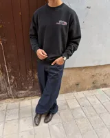 Buzo negro de cuello redondo y manga larga, de corte regular fit. En la espalda presenta un estampado gráfico en color blanco y rosa con la leyenda "Fletes" y el dibujo de una grúa transportando una planta.