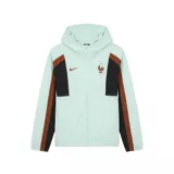 Campera deportiva Nike de la selección de Francia, con cierre frontal completo y capucha. Presenta un diseño en color verde agua con paneles laterales en negro y marrón, logo de la marca y escudo de la federación en el pecho.