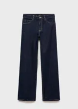 Jeans Danila de corte wide leg, tiro alto y color azul oscuro, con diseño clásico de cinco bolsillos, trabillas y cierre frontal con cremallera y botón.