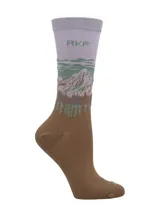 Medias de caña media de bambú, color marrón, verde y lila, con estampado de paisaje montañoso y logo RKF.