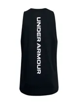 Musculosa deportiva Under Armour de básquet, color negro, con sisas caídas para mayor movilidad y el logo de la marca estampado en el pecho en color blanco.