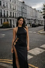 Vestido largo negro de satén con cuello halter, espalda descubierta y abertura lateral pronunciada unida por aros metálicos.