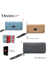 Billetera rectangular confeccionada en cuero sintético de color tostado, con un distintivo aplique central en forma de labios negros. Presenta dos tachas negras decorativas en el frente y un llavero desmontable con el nombre de la marca. Cuenta con cierre perimetral para mayor seguridad.