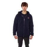 Campera con capucha de sherpa azul marino, cierre frontal con cremallera, bolsillos laterales y etiqueta de cuero con logo de la marca en el pecho.