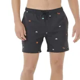Short de baño negro con estampado de palmeras y soles en colores naranja, celeste y blanco. Tiene cintura elástica con cordón ajustable y logo de la marca en la pierna derecha.