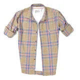 Camisa leñadora de algodón peinado a cuadros beige, rosa y lila, de manga larga con puños abotonados y cuello clásico.