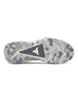 Championes de entrenamiento Under Armour Project Rock 8, de color azul con entresuela beige y suela gris con detalles camuflados. Cuenta con amortiguación UA HOVR y tecnología UA TriBase.