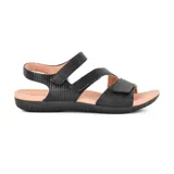 Sandalia plana Usaflex modelo Mali, color negro con textura sutil, plantilla acolchada en tono rosado y suela de goma. Cuenta con tres tiras ajustables con cierre de velcro en la parte superior y en el talón.