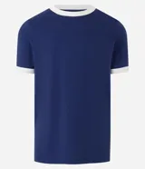Remera regular verde oscuro de algodón, con cuello redondo, manga corta y detalles de rayas dobles en los hombros y terminaciones en color blanco.