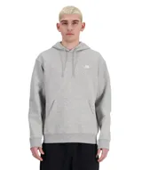 Canguro New Balance de felpa francesa gris melange, con capucha ajustable con cordones, bolsillo tipo canguro frontal y pequeño logo bordado en el pecho.