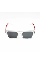 Lentes de sol Volga con armazón rectangular transparente y patillas en tono rojo, con cristales oscuros.