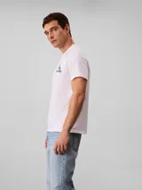 Remera Calvin Klein de manga corta y cuello redondo, color blanco, con diseño de monograma gráfico multicolor en el pecho.