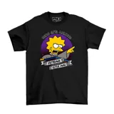 Remera negra de algodón con estampa frontal de Lisa Simpson señalando y la frase 'Todo este maldito sistema está mal'.