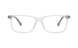 Armazón para lentes de acetato color blanco traslúcido, de forma rectangular.