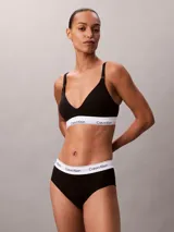 Corpiño de lactancia Calvin Klein negro con copas triangulares ligeramente forradas, tirantes finos ajustables con clip de apertura y banda elástica inferior blanca con el logo de la marca.