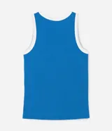 Blusa sin mangas color azul, con cuello redondo y bieses contrastantes en blanco en el cuello y las sisas. Confeccionada en viscosa certificada.