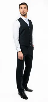 Chaleco negro de vestir con cuello en V y cierre abotonado.