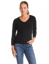 Buzo de tejido fino con escote en V y mangas largas, de calce ajustado.