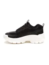 Sneakers de mujer Caterpillar modelo Intruder Lite Vent, de color negro con suela chunky blanca de EVA. Combinan paneles de malla transpirable y material sintético, con cordones negros y tiradores en la lengüeta y el talón.