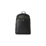 Mochila Montblanc negra de cuero con textura geométrica en relieve, cierre superior con doble cremallera, bolsillo frontal con cierre y pequeño logo circular de la marca.