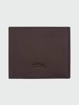 Billetera plegable de cuero negro con logo de la marca grabado y detalle de costura tricolor en el lateral.