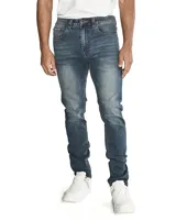 Jeans skinny para hombre, de corte ajustado y diseño de cinco bolsillos, con cierre de cremallera y botón metálico. Presenta un lavado azul medio con efecto desgastado.