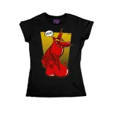 Remera negra de corte entallado con estampa frontal de personaje animado rojo y globo de texto con la palabra Whoops.