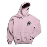Canguro con capucha y bolsillo frontal tipo canguro, color rosado. Presenta un estampado pequeño en el pecho con un diseño de pez koi y detalles gráficos.