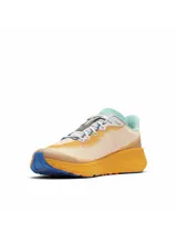 Championes de running Columbia Konos Featherweight Omni-Grip, en color naranja con detalles en azul y celeste, diseñados para trail running y actividades al aire libre con tecnología de amortiguación y suela de alta tracción.
