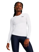 Remera de compresión Under Armour de manga larga, color blanco, con cuello redondo y logo de la marca estampado en el pecho. Confeccionada en tejido HeatGear elástico que absorbe el sudor y ofrece un ajuste ceñido.