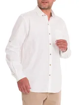 Camisa de manga larga color blanco de la marca RKF, modelo Galiton, confeccionada en algodón orgánico. Cuenta con cuello camisero, cierre frontal con botones de madera, un bolsillo en el pecho y mangas ajustables.