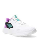Championes deportivos Umbro modelo Chad Lady, color blanco con detalles en negro, violeta y turquesa. Presentan diseño de malla transpirable, cierre con cordones y suela de goma resistente.